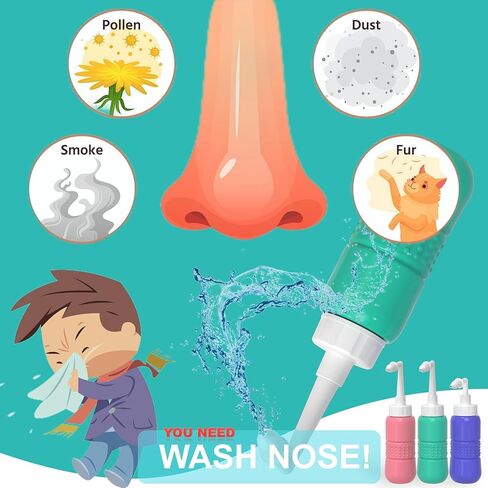 TONELIFE مجموعة شطف الجيوب الأنفية 300 مل + 5 عبوات ملح الأنف - عبوات ملحية لغسول الأنف - منظف الأنف - وعاء نيتي مع عبوات ملحية مسحوقة مريحة لتنظيف أنف الأطفال البالغين، أزرق in Kuwait