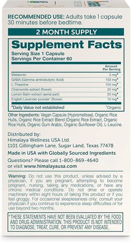 هيمالايا ميلاتونين دعم النوم مع غابا، إل-ثيانين والميلاتونين 3 ملغ لدعم النوم والأرق العرضي، 60 كبسولة، كمية تكفي لمدة شهرين in Kuwait