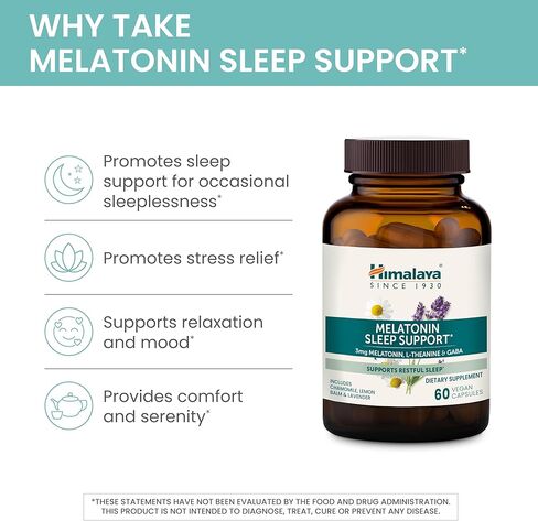 هيمالايا ميلاتونين دعم النوم مع غابا، إل-ثيانين والميلاتونين 3 ملغ لدعم النوم والأرق العرضي، 60 كبسولة، كمية تكفي لمدة شهرين in Kuwait