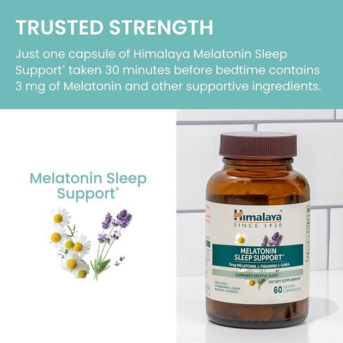 هيمالايا ميلاتونين دعم النوم مع غابا، إل-ثيانين والميلاتونين 3 ملغ لدعم النوم والأرق العرضي، 60 كبسولة، كمية تكفي لمدة شهرين in Kuwait