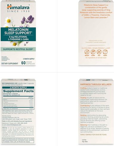 هيمالايا ميلاتونين دعم النوم مع غابا، إل-ثيانين والميلاتونين 3 ملغ لدعم النوم والأرق العرضي، 60 كبسولة، كمية تكفي لمدة شهرين in Kuwait