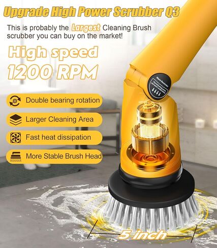 Qimedo Electric Spin Scrubber Extra Large Brush Q3,6000 mAh Best Battery Power Scrubber for Cleaning,1200RPM Shower Cordless Cleaning Brush with 8 Brushes for Bath/Tub/Tile/Floor (Smart Display) in Saudi Arabia