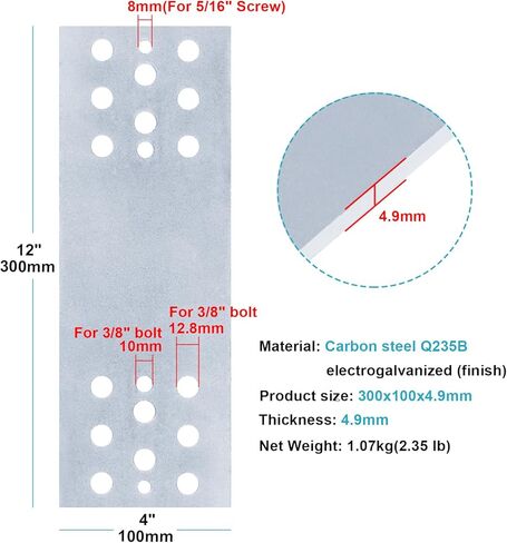 2 قطعة 12 بوصة دعامة لوحة وصلة مستقيمة مسطحة صلبة شديدة التحمل، سمك مفصل فولاذي 4.9 مم، دعامة زاوية لوحة إصلاح مسطحة للأثاث، موصلات الأخشاب الخشبية (6 قياس) in Kuwait