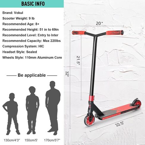 VOKUL K1 Pro Trick Scooter | Stunt Scooter, for Kids 8 Years and Up,Teens,Adults - Best Entry Level Freestyle Stunt Scooter for,Boys,Girls - Freestyle Skate Park Street Scooter (Red) in Saudi Arabia