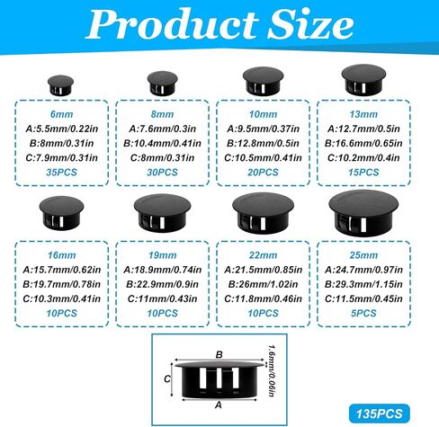135Pcs Plastic Plugs for Round Holes, 8 Sizes Nylon Plastic Caps and Plugs, Pocket Hole Plugs for 1/4" 5/16" 3/8" 1/2" 5/8" 3/4" 7/8" 1", Flush Type Panel Knockout Locking Plugs for Cabinet, Furniture in Saudi Arabia