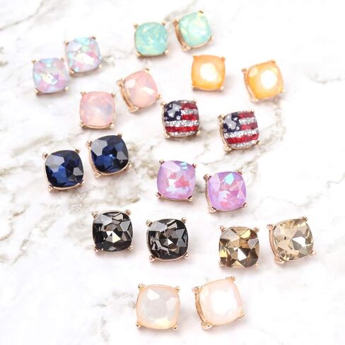 Faceted Jewel Statement Stud Earrings - Cushion Cut Square Glitter, Opalescent Faux Pearl Shell, Plaid Check Houndstooth, Sports Baseball Basketball Print (Cushion Square - Crystal Montana) in Kuwait