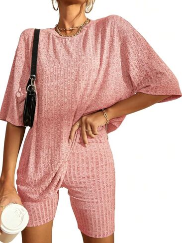 WDIRARA Women's 2 Piece Outfits Ribbed Short Sleeve Drop Shoulder Tee and Shorts Set Red L in Saudi Arabia