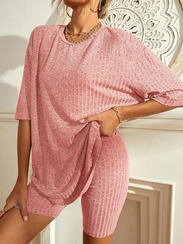 WDIRARA Women's 2 Piece Outfits Ribbed Short Sleeve Drop Shoulder Tee and Shorts Set Red L in Saudi Arabia
