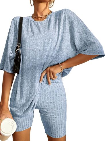 WDIRARA Women's 2 Piece Outfits Ribbed Short Sleeve Drop Shoulder Tee and Shorts Set Red L in Saudi Arabia