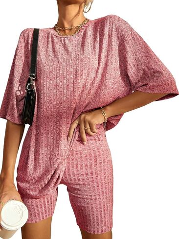 WDIRARA Women's 2 Piece Outfits Ribbed Short Sleeve Drop Shoulder Tee and Shorts Set Red L in Saudi Arabia