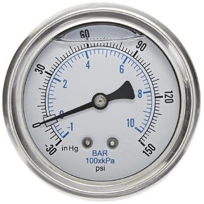 PIC Gauges 203L-208E U-Clamp Panel Mount Glycerine Filled Pressure Gauge w/ SS Case/Bezel, Brass Internals, PC Lens, 2" Dial, 0/100 psi Range, 1/8" Male NPT