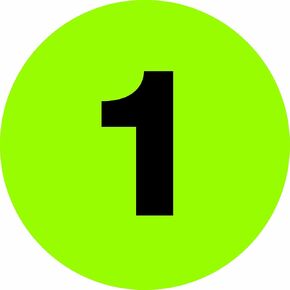 Tape Logic DL6769 Number Circle Label, Legend "1", 2" Diameter, Fluorescent Green (Roll of 500)