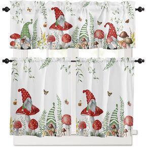 Kitchen Curtain Tiers and Valance Set of 3, Mushroom Wildflower Polyester Window Curtain Set, Green Gnomes Butterfly Spring Curtain Drapes for Kitchen, Cafe, 54''x18'' + 27.5''x24''x2