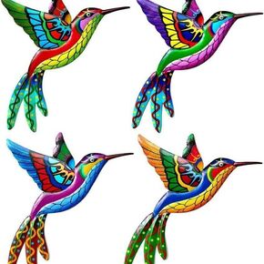 Vibrant Hummingbird Metal Wall Art Decor Set of 4, Colorful 3D Mexican Outdoor Metal Art for Patio Decorations, Backyard Decor, Talavera Fence, Deck & Garden Mexican Wall Art