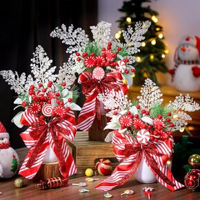 Nuogo 3 Pcs Christmas Decor Mason Jars Christmas Centerpiece Holiday Centerpieces Decoration for Table Include Mason Jars and Faux Plants Candy Sticks for Home Mantle Dining Room Kitchen