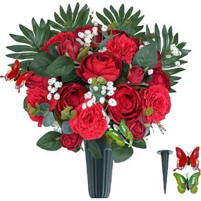 MUVIC Artificial Cemetery Flowers with Vase for Grave Decorations,Rose Camellia Carnation Baby's Breath-Memorial Flowers Bouquet for Graveyard Gravesite Headstone,Vase and Butterfly Included
