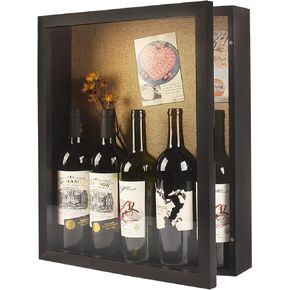 16x20 Extra Large Shadow Box Frame by 3.9 Inches Deep Wooden Display Cases with Lock for 6 Bottles of Red Wine,Champagne,Liquor,Goblet, Photos, Flower,Figurines,Shirt-Black