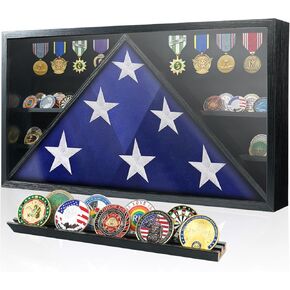 حافظة عرض العلم لعلم الجنازة، صندوق علم الدفن العسكري مقاس 5 × 9.5 بوصة مع زجاج مقسى عالي الدقة وفواصل قابلة للإزالة، إطار علم تذكاري مع بطانة لباد لميداليات الشارات (أسود) in Kuwait