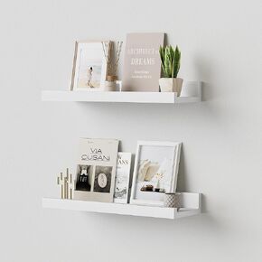 Floating Shelves for Wall, 36 inch Solid Wood Picture Ledge Shelf, Picture Shelf for Wall with Ledge, Floating Book Shelves for Living Room Bedroom Kitchen Nursery Decor, White, Set of 2