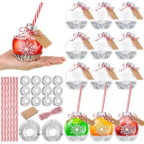 Baderke 12 Pcs 8oz Christmas Ornament Balls Clear Plastic Fillable Bottles for Drink DIY Plastic Ornaments Balls with Egg Tart Molds Base for Wedding Cocktail Drink (Snowflake Pattern)