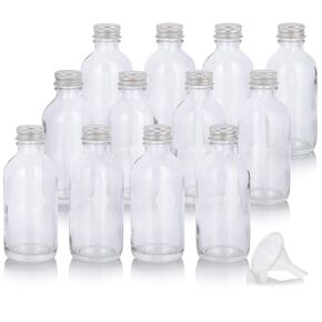 JUVITUS 2 oz Clear Glass Boston Round Bottles with Silver Metal Screw On Caps (12 PACK) + Funnel