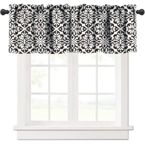 Damask Window Valance,White and Black Damask Tile Illustration in Vintage Style Floral Abstract Design, Curtain Valance for Kitchen Bedroom Decor with Rod Pocket 1 Panels W54xL18in
