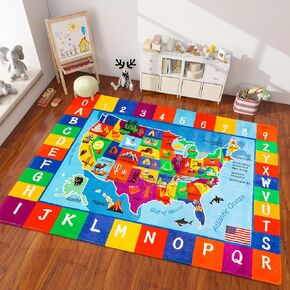 USA Map ABC Kid Rug for Playroom Classroom Rug 3.3'×5.3' Educational Baby Playmat Alphabet Rug for Primary School Fluffy Ployester Non-Slip Preschool Rug for Classroom Elementary Learning