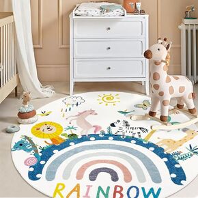Kids Rug 4Ft Round Rainbow Play Mat Pink Carpet for Girls Bedroom Classroom Circle Animal Nursery Playroom Rug Crawling Mat Sitting Cushion Bedside Rug for Kids Room Decor, Pink