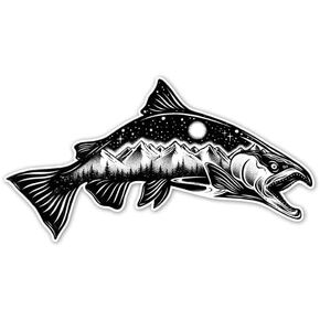 Salmon Fish Decal Sticker for Car-Truck Windows Plus Laptops and Tumblers -Fly Fishing Vinyl Sign Art Print with a Forest, Trees, River and Mountains at Night with Moon and Stars,5.5in x 2.9in, Small