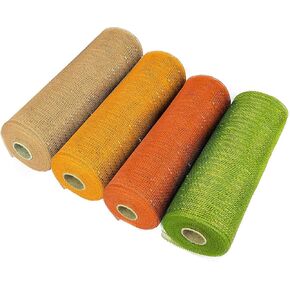 Deco Mesh Wreath Supplies, Fall Mesh Ribbon, Deco Mesh 10 Inch x 30 feet, Fall Decor Thanksgiving Decorations with Metallic Foil Orange/Gold/Cream/Green Set for Wreaths, Swags and Decorating - 4 Pack
