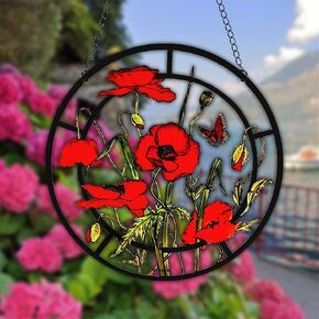 Red Poppy Flower Stained Window Hanging Floral Acrylic Panels Indoor Outdoor Round Windows Hanger Kitchen Bedroom Garden Wall Art Decor Gifts for Women Mom Grandma Teacher