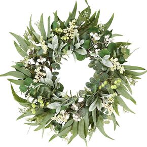 Sggvecsy Artificial Eucalyptus Wreath for Front Door 20 Inch Greenery Leaves Wreath Lambs Ear Wreath with White Berries Spring Summer Wreath for Farmhouse Window Porch Wall Home Indoor Outdoor Decor