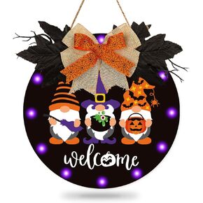 Whaline Lighted Halloween Gnome Welcome Door Sign Halloween Welcome Wooden Hanging Sign with 12 LED Lights Purple Light Battery Operated Door Hanger for Home Wall Party Supplies