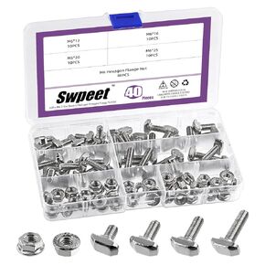 Swpeet 80Pcs 4 Sizes European Standard 20 Series M5 x 10/12/16/20mm T Slot Drop-in Bolt and Nickel M5 Flange Nut Assortment Kit, Thread T Slot, Drop-in Bolt T-Bolt, Hammer Head Bolt, T Screw Stud