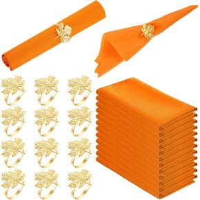 24 pcs Fall Harvest Dinner Napkins Kitchen Cloth Napkins with Maple Leaf Heart Napkin Rings for Thanksgiving Day Valentine Autumn Holiday Party Decoration (Orange Maple Leaf)