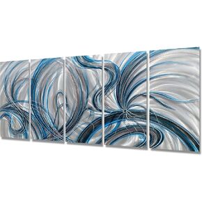 BATRENDY ARTS Blue Waves Metal Wall Art 3D Beach Ocean Hanging Scuplture Hand Polished Aluminium Painting for Living Room Bedroom Decor Ready to Hang