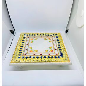 Marble Pooja Chowki Hand Made Pure White makrna Stone Embellished Kundans Chowki for Ganesh Pooja, laxmi Pooja
