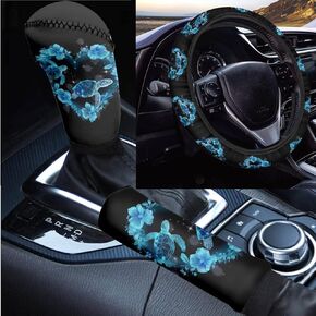 Red Rose Print Car Steering Wheel Cover with Handbrake Cover Gear Shift Knob Cover Set for Women Universal Fit SUV Truck Vans Car Interior Accessories for Women Men