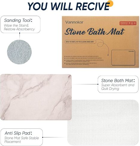 Vannokor Stone Bath Mat,Diatomaceous Earth Shower mat Non Slip,Stone Bath Mats for Bathroom Quick Dry,Easy to Clean.(23.6"x15.4" GrayishWhite Marble) in Saudi Arabia