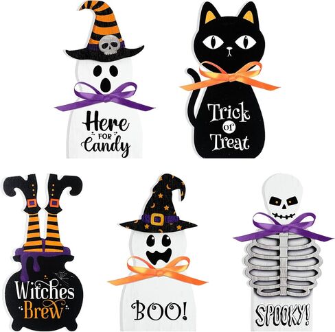 Amyhill 5 Pcs Halloween Wooden Decor Ghost Theme Table Centerpieces Halloween Tiered Tray Sign Spooky Trick or Treat Candy Tabletop Block Sign for Home Shelf Party Mantel Display in Saudi Arabia