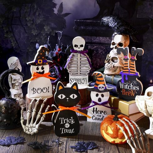 Amyhill 5 Pcs Halloween Wooden Decor Ghost Theme Table Centerpieces Halloween Tiered Tray Sign Spooky Trick or Treat Candy Tabletop Block Sign for Home Shelf Party Mantel Display in Saudi Arabia