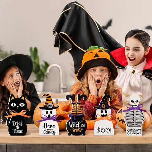 Amyhill 5 Pcs Halloween Wooden Decor Ghost Theme Table Centerpieces Halloween Tiered Tray Sign Spooky Trick or Treat Candy Tabletop Block Sign for Home Shelf Party Mantel Display in Saudi Arabia