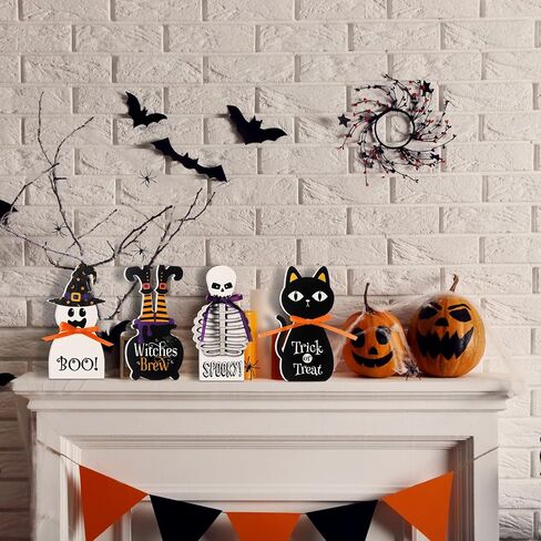 Amyhill 5 Pcs Halloween Wooden Decor Ghost Theme Table Centerpieces Halloween Tiered Tray Sign Spooky Trick or Treat Candy Tabletop Block Sign for Home Shelf Party Mantel Display in Saudi Arabia