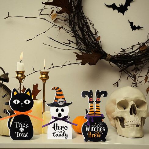 Amyhill 5 Pcs Halloween Wooden Decor Ghost Theme Table Centerpieces Halloween Tiered Tray Sign Spooky Trick or Treat Candy Tabletop Block Sign for Home Shelf Party Mantel Display in Saudi Arabia