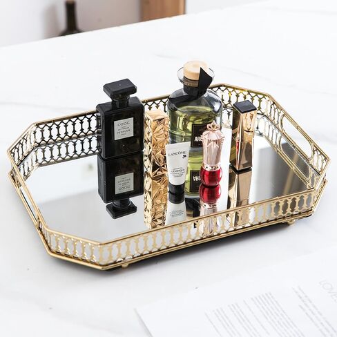 Perfume Tray Mirror Tray Gold Makeup Vanity Tray Hollow-Carved Jewelry Tray Metal Trinket Storage Tray Home Organizer Decorative Tray for for Dresser Bathroom Countertop (Gold) in Saudi Arabia