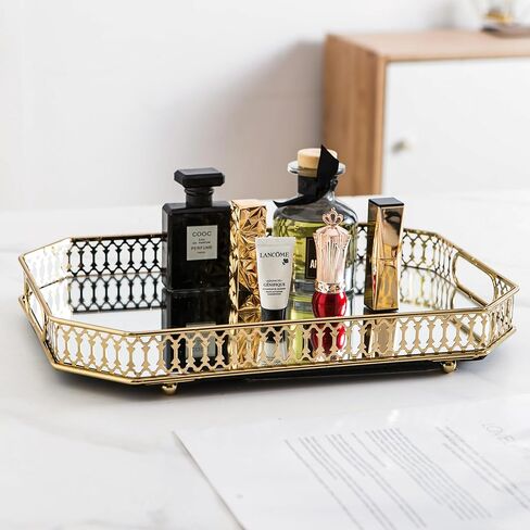 Perfume Tray Mirror Tray Gold Makeup Vanity Tray Hollow-Carved Jewelry Tray Metal Trinket Storage Tray Home Organizer Decorative Tray for for Dresser Bathroom Countertop (Gold) in Saudi Arabia