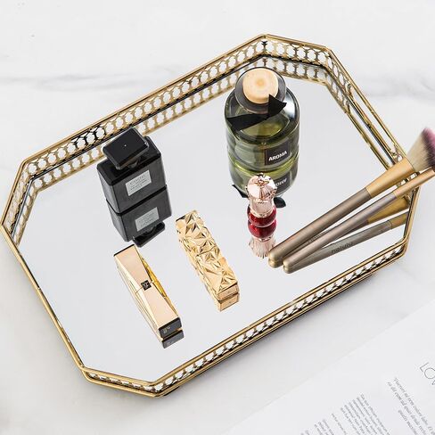 Perfume Tray Mirror Tray Gold Makeup Vanity Tray Hollow-Carved Jewelry Tray Metal Trinket Storage Tray Home Organizer Decorative Tray for for Dresser Bathroom Countertop (Gold) in Saudi Arabia