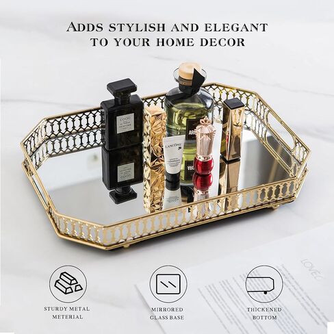 Perfume Tray Mirror Tray Gold Makeup Vanity Tray Hollow-Carved Jewelry Tray Metal Trinket Storage Tray Home Organizer Decorative Tray for for Dresser Bathroom Countertop (Gold) in Saudi Arabia