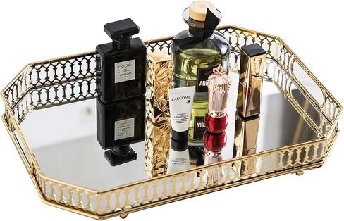Perfume Tray Mirror Tray Gold Makeup Vanity Tray Hollow-Carved Jewelry Tray Metal Trinket Storage Tray Home Organizer Decorative Tray for for Dresser Bathroom Countertop (Gold) in Saudi Arabia