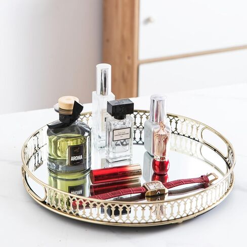 Perfume Tray Mirror Tray Gold Makeup Vanity Tray Hollow-Carved Jewelry Tray Metal Trinket Storage Tray Home Organizer Decorative Tray for for Dresser Bathroom Countertop (Gold) in Saudi Arabia